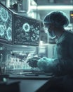 Focused Researcher in Teal Scrubs Exploring Molecular Structures