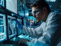 A focused scientist in a lab coat and protective glasses examining genetic sequencing data on multiple computer monitors in a