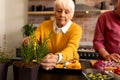 Focused senior caucasian woman cutting rosemary, cooking in kitchen with husband, copy space