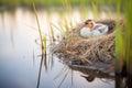 focused shot of a goose nest in a marshland setting