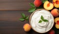 focused shot of the yogurt with fresh peaches background