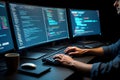Focused software developer coding on computer with dual monitors Royalty Free Stock Photo