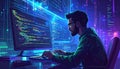 Software Developer Coding on Computer with Complex Code on Screen in Futuristic Neon Lit Workspace Royalty Free Stock Photo