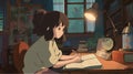 Focused Study Session: A Girl Engaged in Lofi-Studying at Her Desk