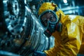Focused technician in yellow hazmat suit inspecting machinery