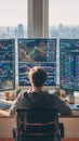 Focused Trader Analyzing Stock Market Data on Multiple Computer Screens Royalty Free Stock Photo