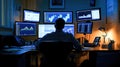 Focused trader analyzing stock market trends in a dimly lit office with multiple computer screens displaying data. Generative AI Royalty Free Stock Photo