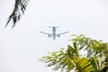 Unspecified Air Plane of on the sky landing to the Suvanabhumi airport with blurry tree leaf.