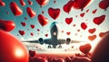 Skyward Journey: Airplane Amidst Red Heart Balloons