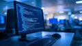 Focused view of a computer screen with digital code displayed in a professional tech environment. Represents programming Royalty Free Stock Photo