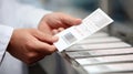 Focused view of an employee verifying specimen ID tags through a glass passthrough detailed barcode scanning in sharp Royalty Free Stock Photo