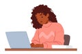 Focused Woman Character Typing On Laptop, Engrossed In Work. Her Fingers Dance Across The Keyboard With Precision