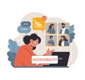 Focused woman at computer emphasizing accessibility. Flat vector illustration