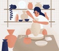 Focused woman making pot on potter`s wheel vector flat illustration. Ceramist female at pottery workshop or courses