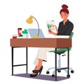 Focused Woman At Office Desk, Diligently Work with Charts, Surrounded By Papers And Devices, Vector Illustration