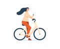 Focused woman using smartphone sitting on bicycle vector flat illustration. Busy female in red, white suit with mobile