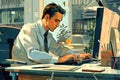 A Focused Worker Types on Keyboard in Office Setting, Diligent Employee Concentrates on Task at Desk, Modern Work