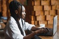 Focused young african american businesswoman or student looking at laptop, serious black woman working or studying with computer Royalty Free Stock Photo