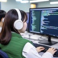 Focused Female Software Developer Coding at Computer with Headphones, immersed in programming, debugging lines of code on screen,
