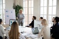 Focused young businesspeople listening to middle aged female lecturer. Royalty Free Stock Photo