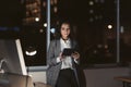 Young businesswoman using a tablet in her office at night Royalty Free Stock Photo