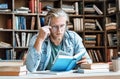 Focused young man study library desk read book hold pen education concept Royalty Free Stock Photo