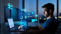 Young man analyzing data on futuristic holographic interface with charts and graphs Royalty Free Stock Photo