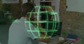 Focusing male developer analyzing code on laptop at office desk, with holographic globe, copy space Royalty Free Stock Photo