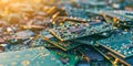 Focusing on a Stack of Printed Circuit Boards at an Electronic Waste Recycling Facility. Concept Royalty Free Stock Photo