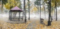 Fog in the autumn park. Autumn in the city park. Royalty Free Stock Photo