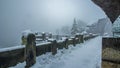 Fog on the Bastei bridge in winter, Saxon Switzerland National Park, Elbe Sandstone Mountains, Germany. Royalty Free Stock Photo