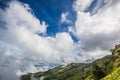 Fog and cloud mountain valley spring landscape.Forested mountain slope in low lying cloud Royalty Free Stock Photo