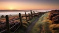 Ethereal Sunrise On Yorkshire Countryside With Stone Fence Royalty Free Stock Photo