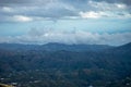 Fog and clouds on hiking trail to Maroma peak in thunderstorm day