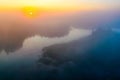 Fog concept. Temperature contrast in rural area in morning. Aerial landscape