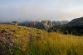 Fog and concrete hut at Black Rocks of Pungo Andongo or Pedras Negras in Angola Royalty Free Stock Photo