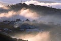 The fog cover Dalat plateau lands, Vietnam, background with magic of the dense fog and sun rays, sunshine at dawn part 10