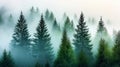 a fog-covered forest with tall trees and dense Royalty Free Stock Photo