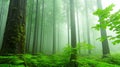 a fog-covered forest with tall trees and dense Royalty Free Stock Photo