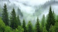 a fog-covered forest with tall trees and dense Royalty Free Stock Photo