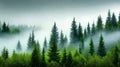 a fog-covered forest with tall trees and dense Royalty Free Stock Photo