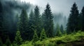 Majestic Forest: Enchanting Pine Trees In A Misty Wonderland