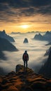 Fog draped peaks, backpackers silhouette, arms extended, immersed in morning mountain beauty