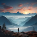 Fog draped peaks, backpackers silhouette, arms extended, immersed in morning mountain beauty