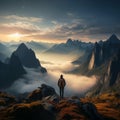 Fog draped peaks, backpackers silhouette, arms extended, immersed in morning mountain beauty