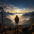 Fog draped peaks, backpackers silhouette, arms extended, immersed in morning mountain beauty