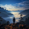 Fog draped peaks, backpackers silhouette, arms extended, immersed in morning mountain beauty