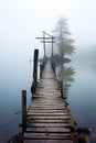 Fog enveloped lake with rustic wooden walkway