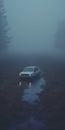 Eerily Realistic Cinematic Still Shot Of Empty Suv In Foggy Channel