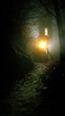 Fog Envelops a Winding Forest Path at Night With a Lantern Illuminating Fallen Branches Nearby Royalty Free Stock Photo